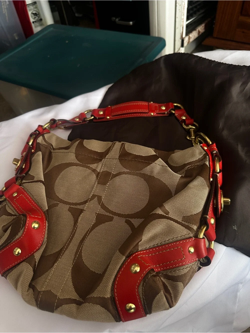 Coach Tan Signature Canvas Shoulder Bag with Red Leather Trim